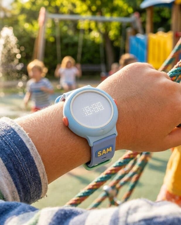 A parent keeping an eye on their kids playing at the park, wearing the Kin watch app